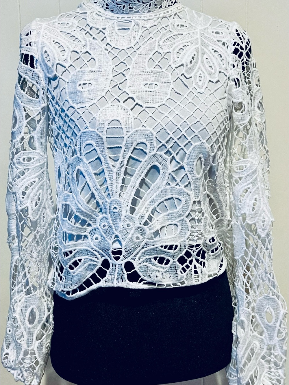White Lace Crochet Long-Sleeve Top. Sz small. Lined on the front side. Zip up B8